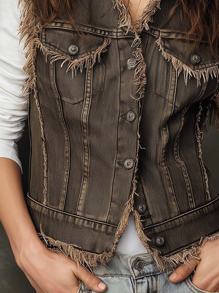 Vintage Distressed Frayed Denim Vest