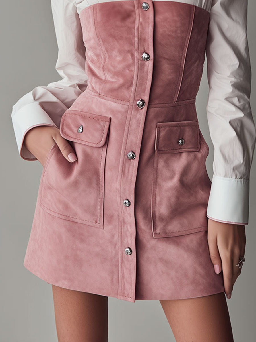 White Shirt Patchwork Blush Suede Corset Mini Dress With Pockets