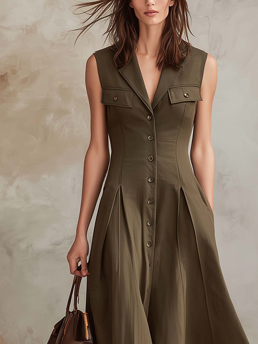 Retro Peaked Lapel Cotton Linen Maxi Dress