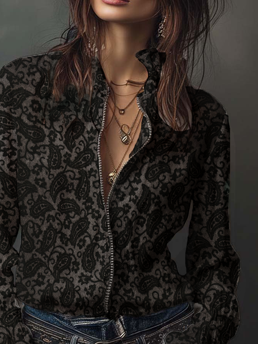 Retro Paisley Printed Zipper Decorate Blouse
