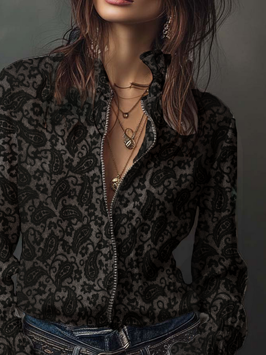 Retro Paisley Printed Zipper Decorate Blouse