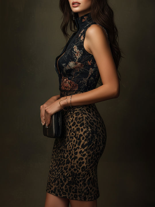 Retro Leopard Print Party Mini Dress With Keyhole Neckline