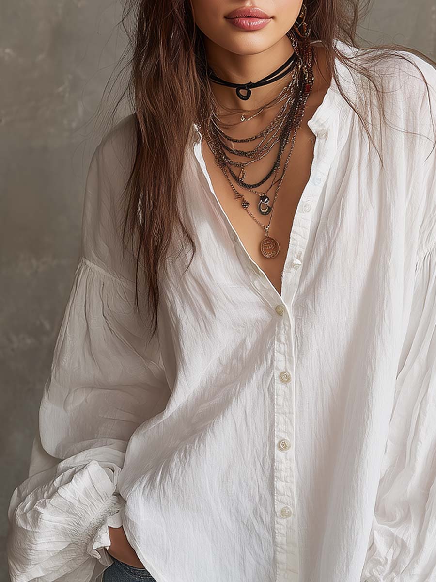 Vintage Stand-collar Ruffled Cuffs Cotton Blouse