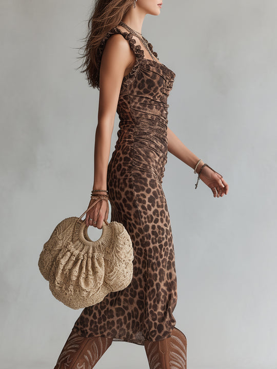 Retro Leopard Print Fungus Trim Hem Slit Midi Dress