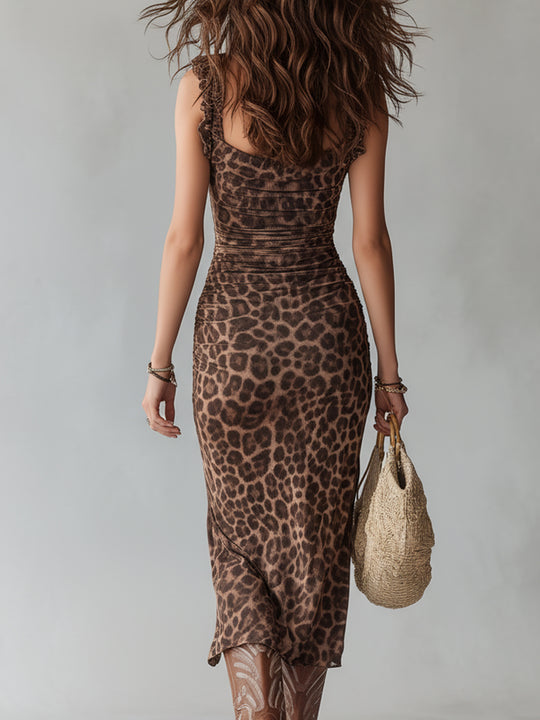 Retro Leopard Print Fungus Trim Hem Slit Midi Dress