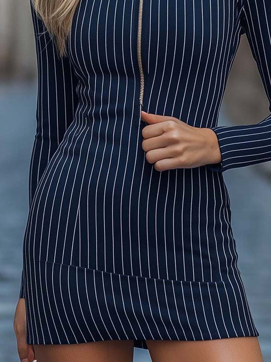 Navy Blue Vertical Striped Zipper Bodycon Dress