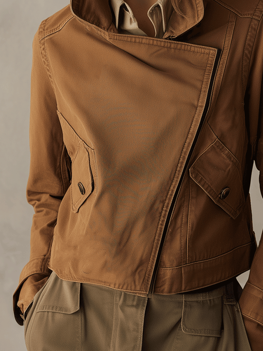 Casual Camel-Colored Asymmetrical Short Jacket