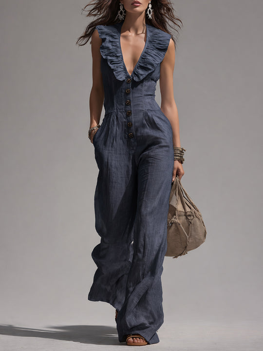 Vintage Cotton Sleeveless Straight-leg Jumpsuit With Ruffle Trim