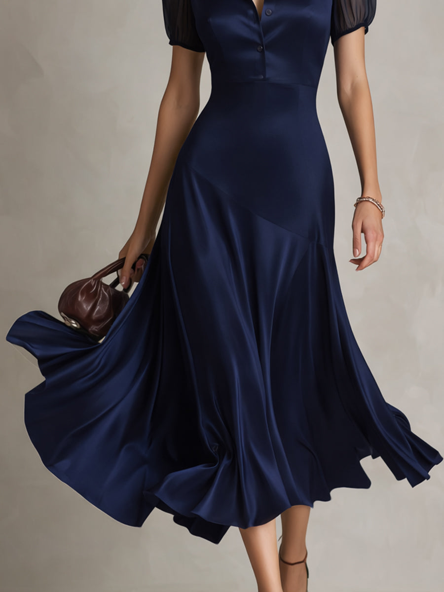 Elegant Deconstructed Satin Puff-Sleeve Midi Dress