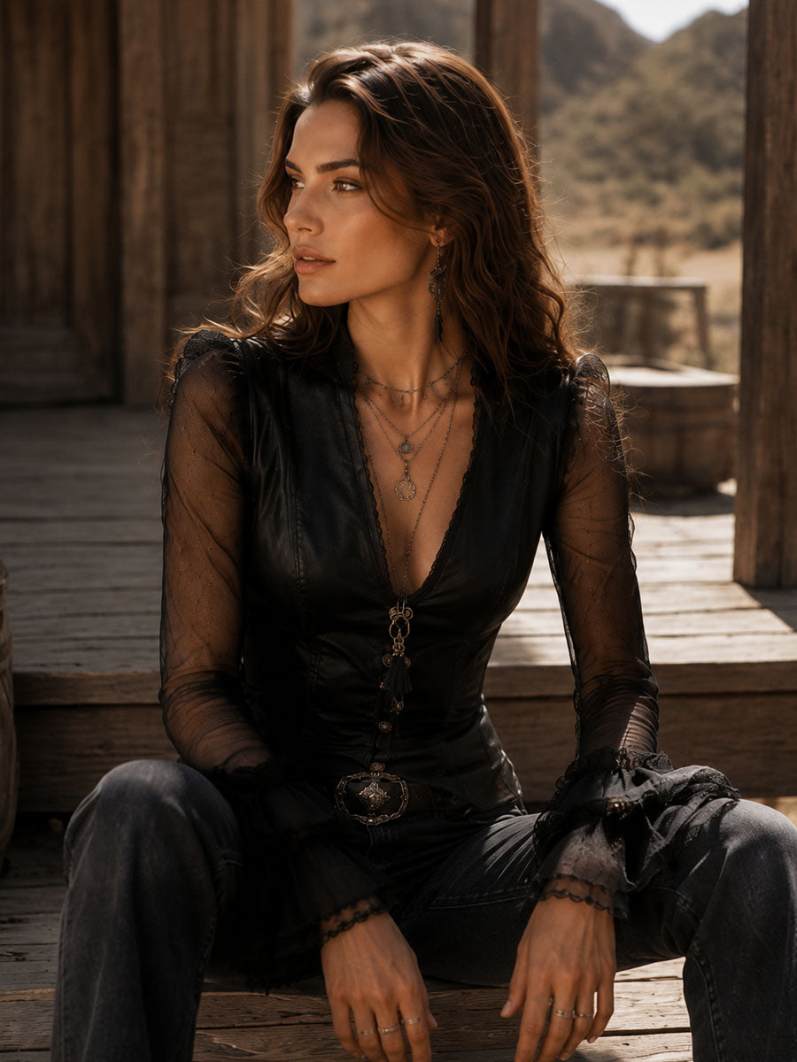 Gothic Black Faux Leather V Neck Corset Blouse With Sheer Sleeves