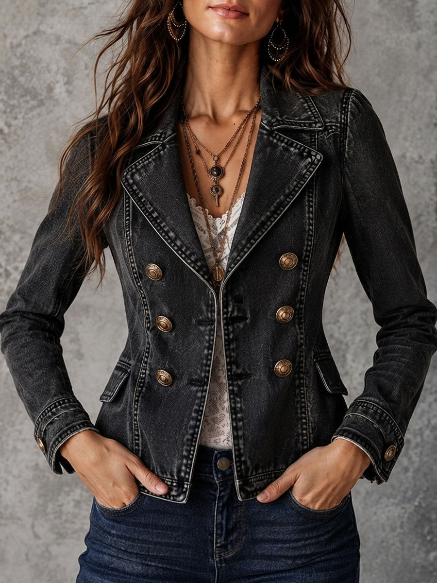 Vintage Washed Denim Lapel Double Breasted Jacket
