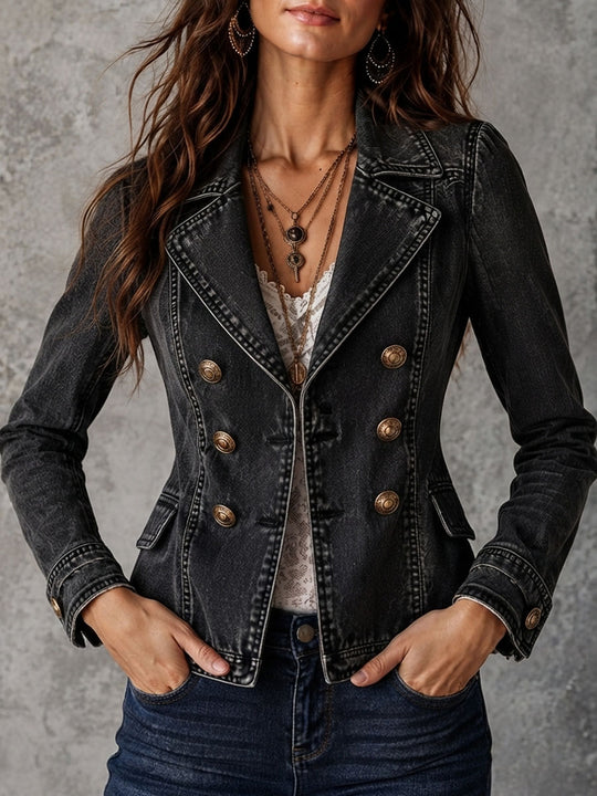 Vintage Washed Denim Lapel Double Breasted Jacket