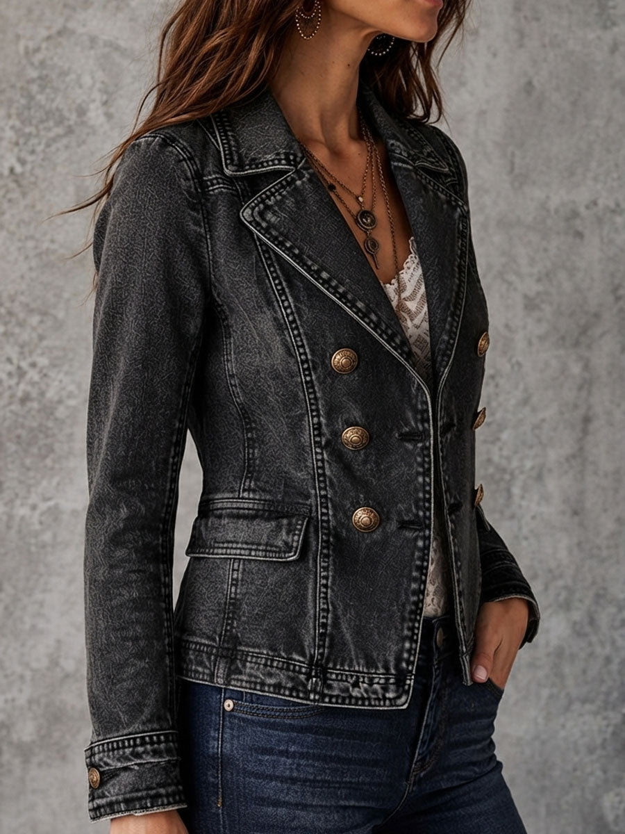 Vintage Washed Denim Lapel Double Breasted Jacket