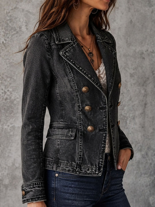 Vintage Washed Denim Lapel Double Breasted Jacket