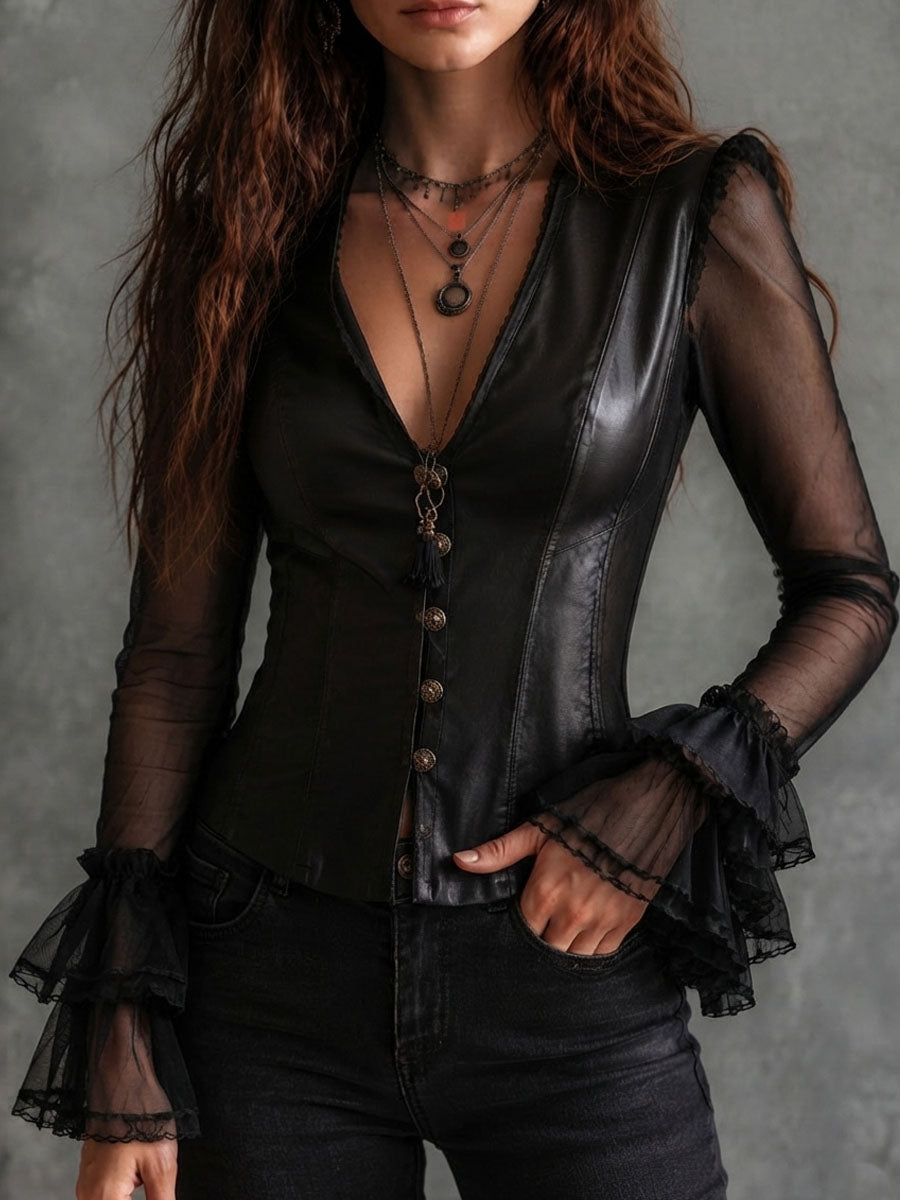 Gothic Black Faux Leather V Neck Corset Blouse With Sheer Sleeves