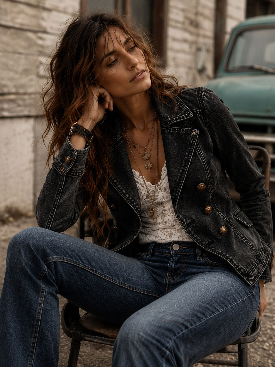 Vintage Washed Denim Lapel Double Breasted Jacket