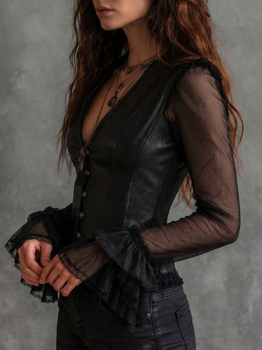 Gothic Black Faux Leather V Neck Corset Blouse With Sheer Sleeves