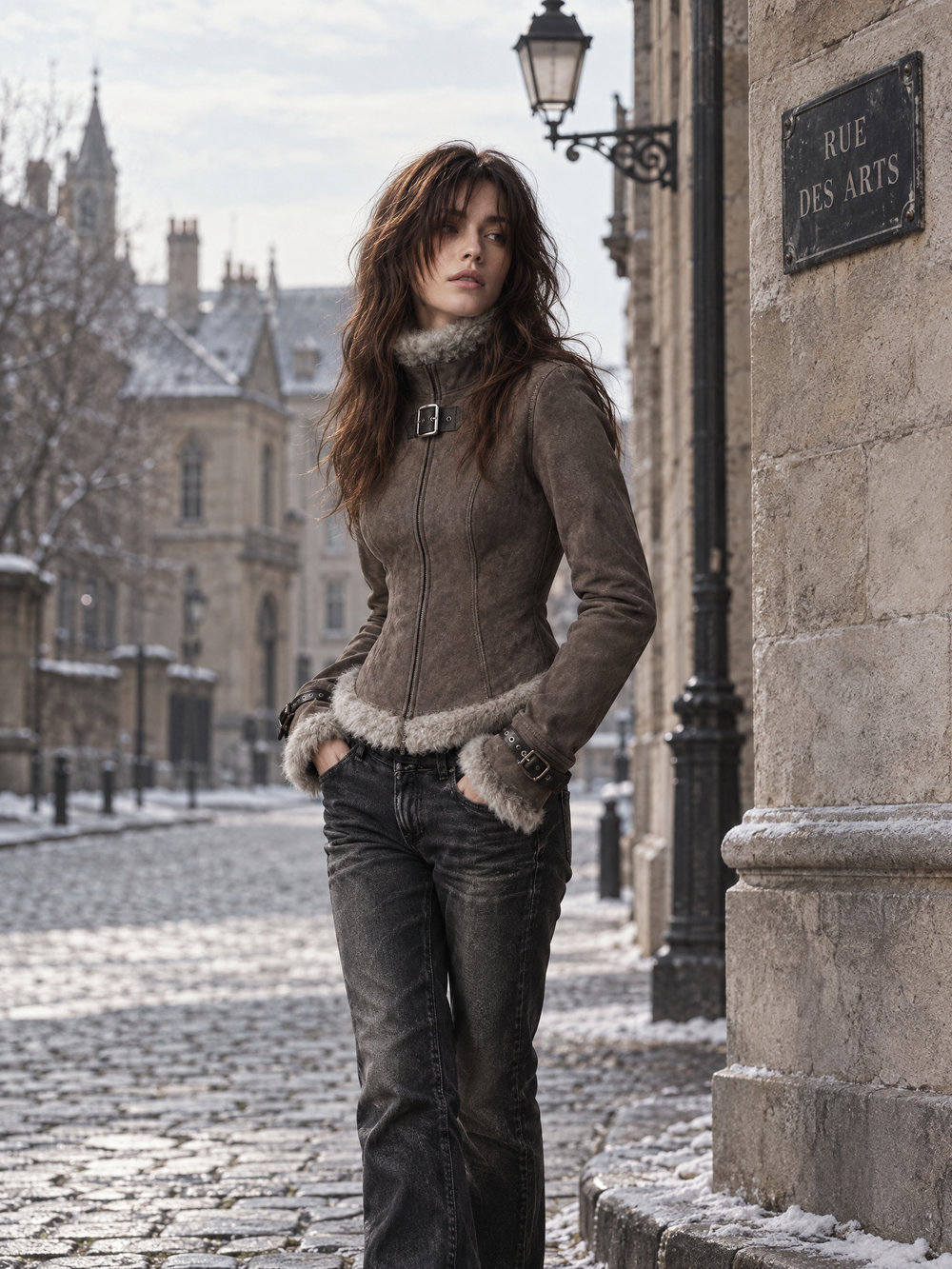Vintage Taupe Faux Fur Trim Buckle Suede Jacket