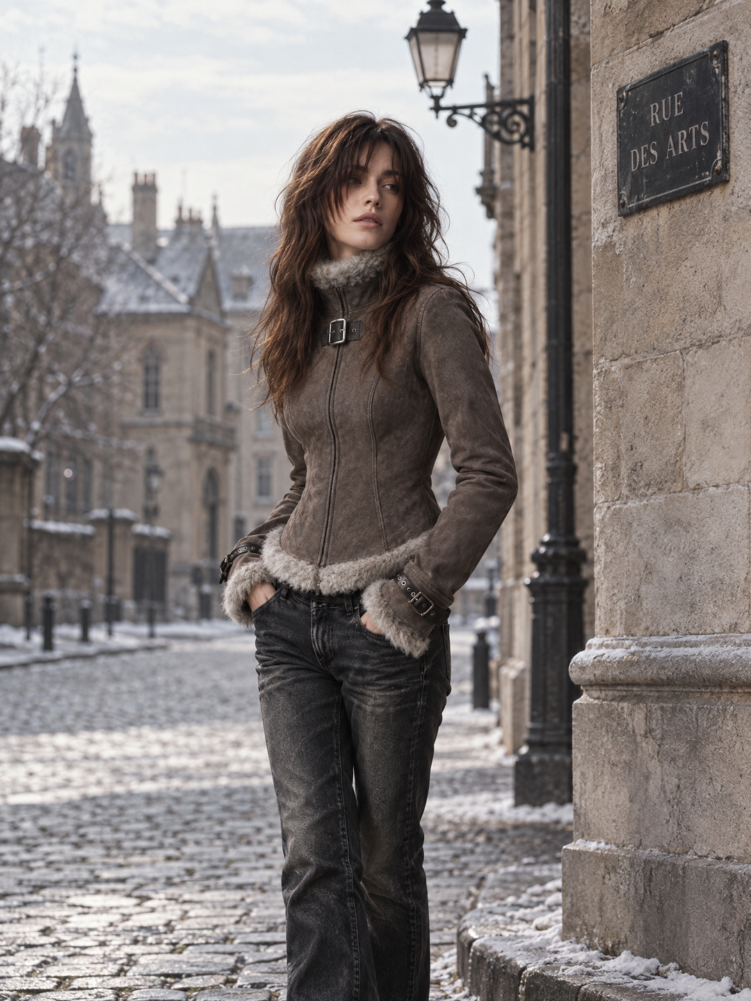 Vintage Taupe Faux Fur Trim Buckle Suede Jacket