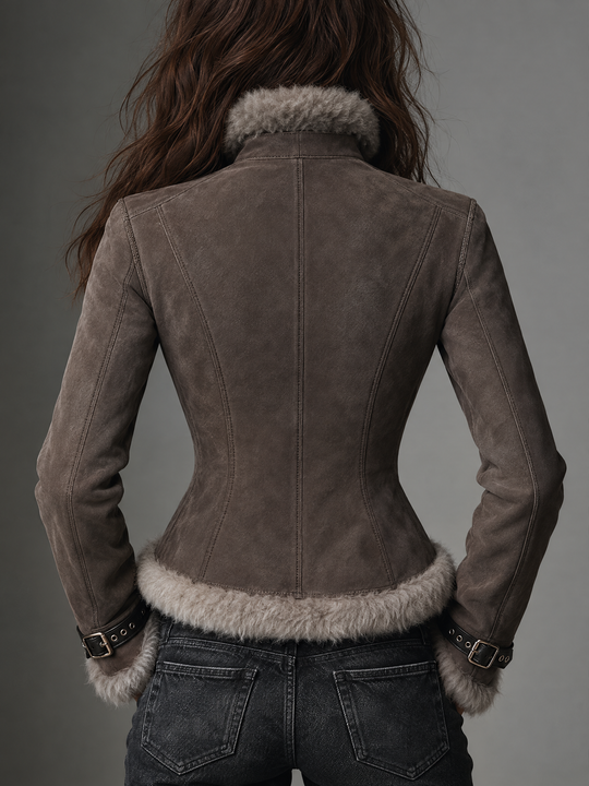 Vintage Taupe Faux Fur Trim Buckle Suede Jacket