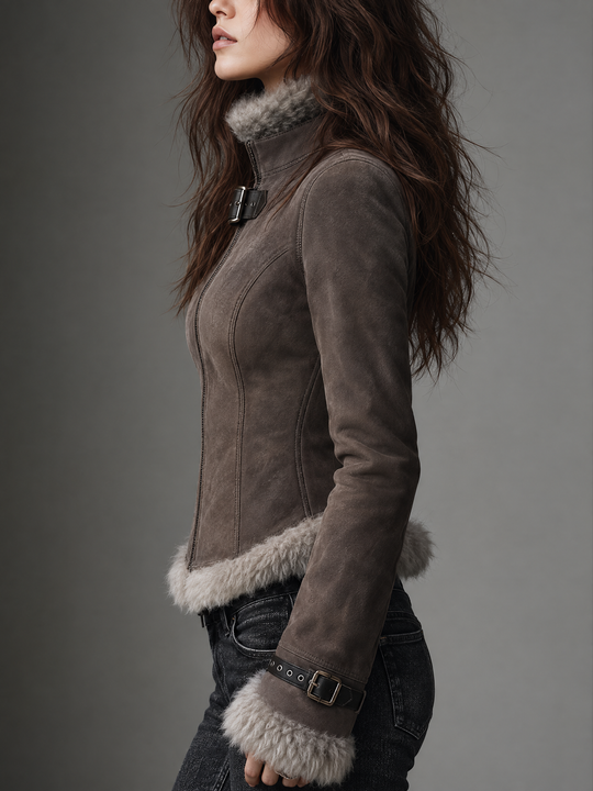 Vintage Taupe Faux Fur Trim Buckle Suede Jacket