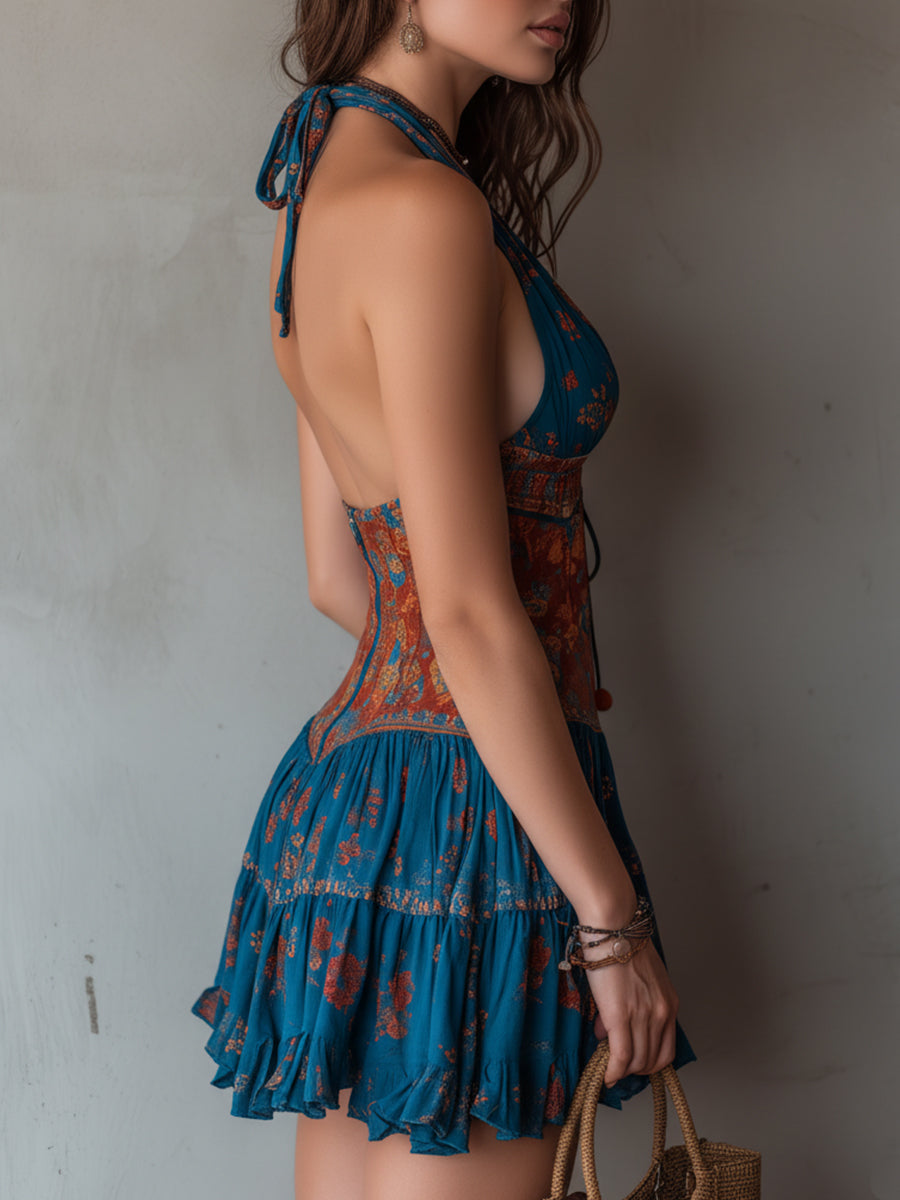 Halter-Neck Mini Dress With Ethnic Print And Ruffled Hem
