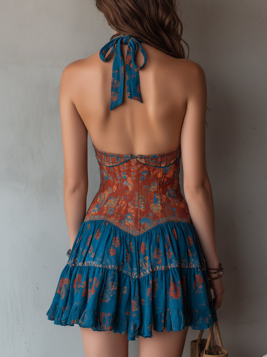 Halter-Neck Mini Dress With Ethnic Print And Ruffled Hem