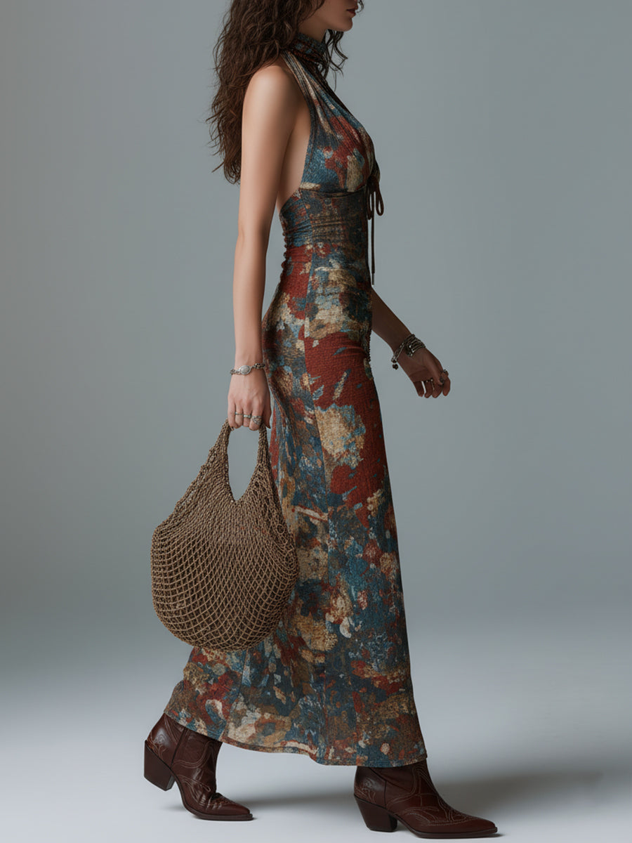 Nomadic Style Oil Painting Print Slit Midi Dress