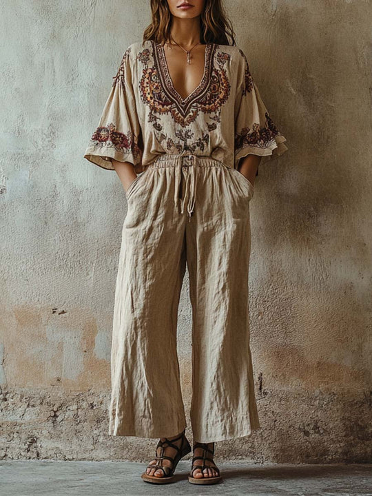 Vintage Bohemian Embroidered Wide-Leg Jumpsuit