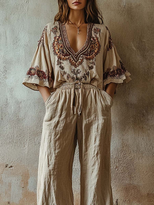 Vintage Bohemian Embroidered Wide-Leg Jumpsuit