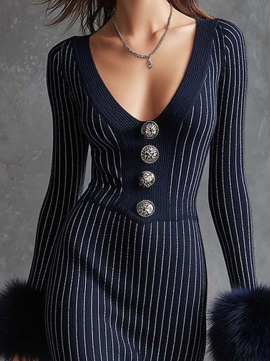 Ribbed Knit Midi Dress With Statement Buttons And Faux Fur Cuffs