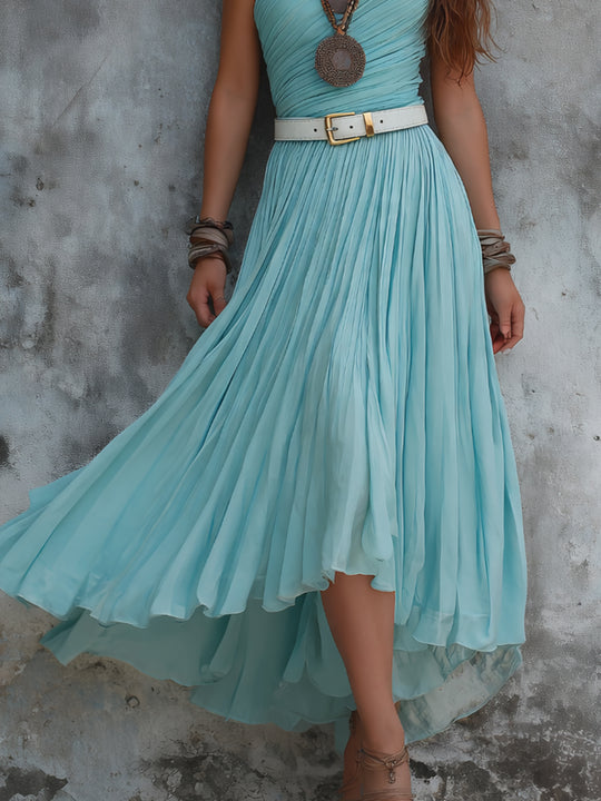 One-shoulder Pleated Chiffon Midi Dress With Belt