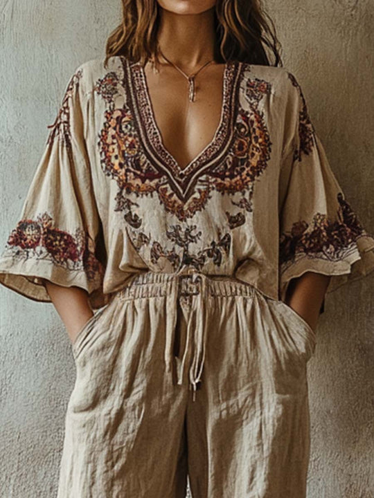 Vintage Bohemian Embroidered Wide-Leg Jumpsuit