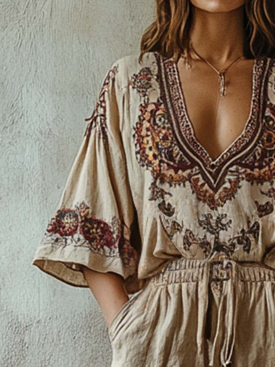 Vintage Bohemian Embroidered Wide-Leg Jumpsuit