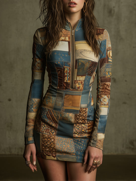 Bohemian Retro Printed Knitted Half-zip Slim Mini Dress