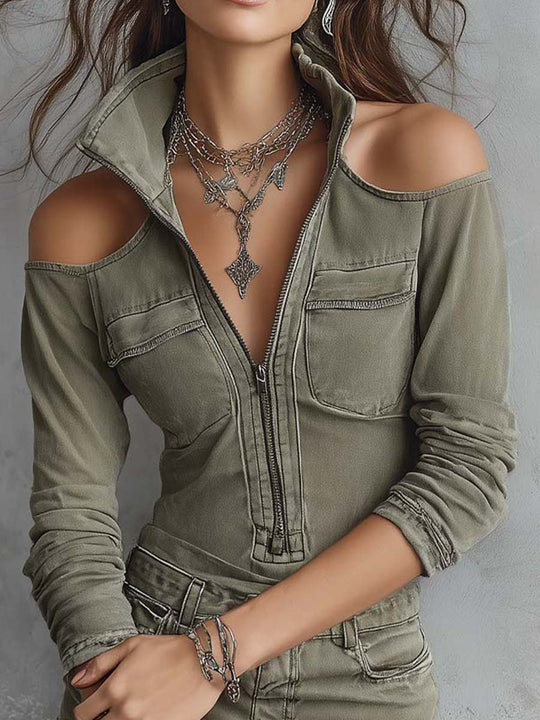 Retro Denim Cold-Shoulder Utility Zip Front Mini Dress