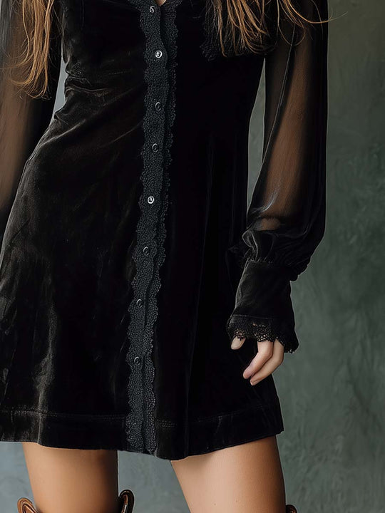 Vintage Polyester Velvet Minidress With Sheer Sleeves And Lace Trim.