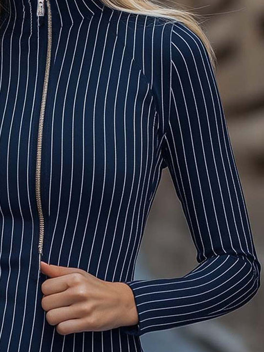 Navy Blue Vertical Striped Zipper Bodycon Dress