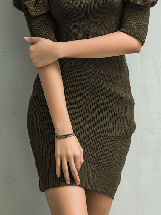 Olive Cold Shoulder Ribbed Knit Mini Dress With Ruffled Trim