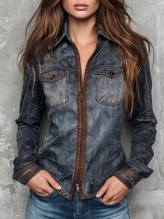Retro Western Faded Charcoal Zip-Front Denim Jacket With Contrast Trim