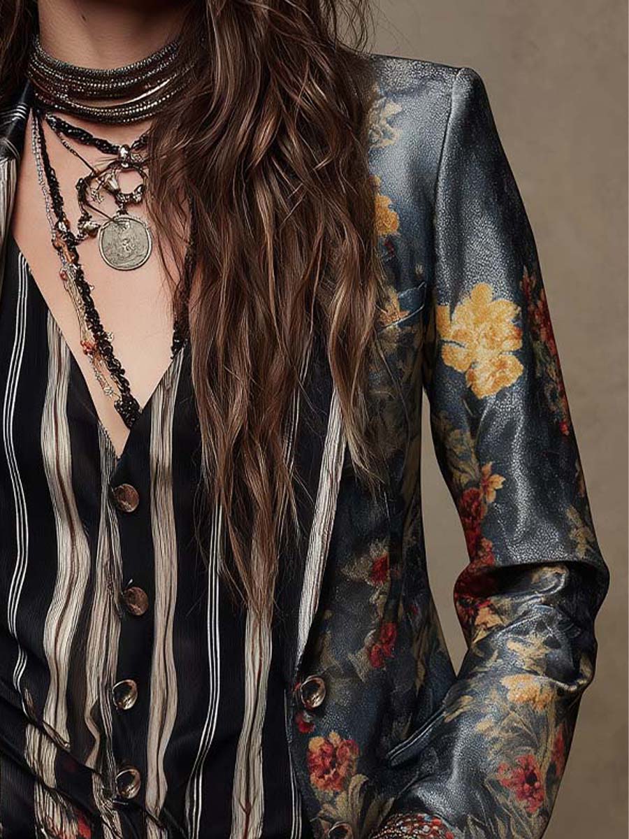 Floral Satin Print Tailored Blazer