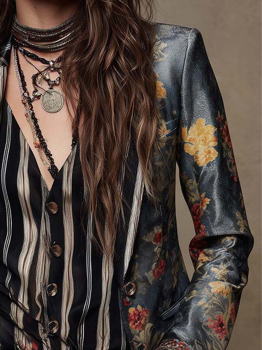 Floral Satin Print Tailored Blazer