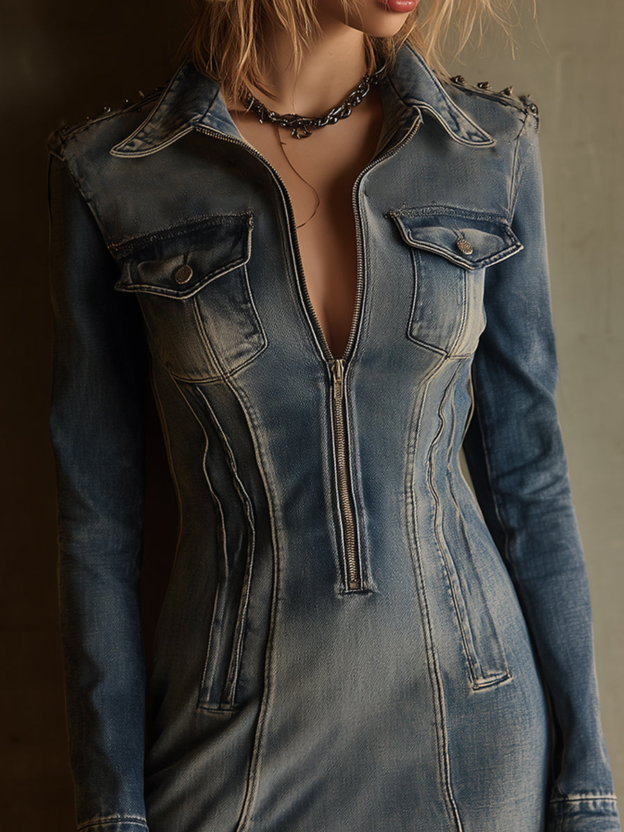 Bohemian Washed Rivet Front Zipper Denim Mini Dress