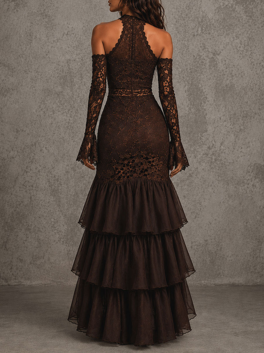 Boho Brown Lace Halter Cold Shoulder Flare Sleeve Midi Dress