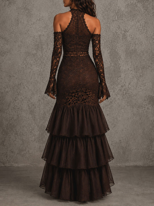 Boho Brown Lace Halter Cold Shoulder Flare Sleeve Midi Dress