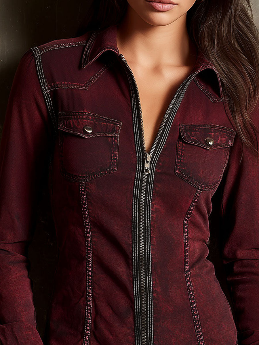 Retro Contrast Stitching Wine Red Denim Zip-Up Shirt Jacket