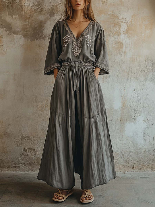 Boho Embroidered Elephant Grey Maxi Jumpsuit