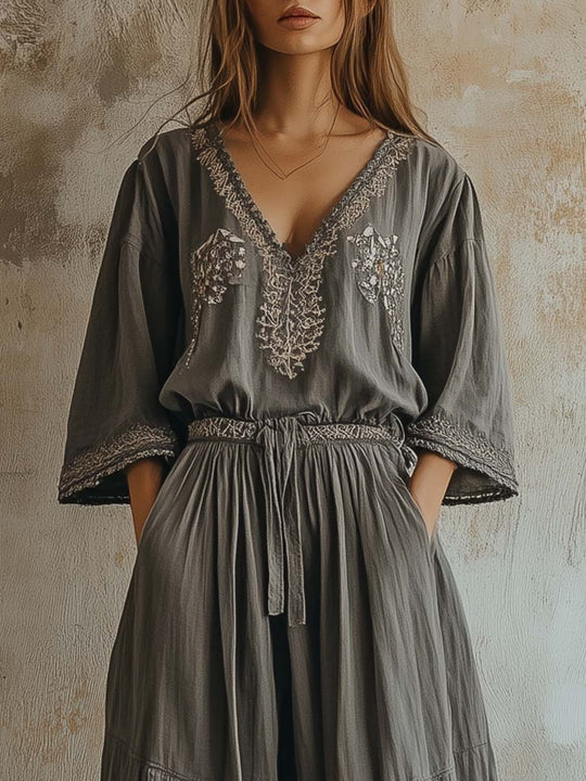 Boho Embroidered Elephant Grey Maxi Jumpsuit