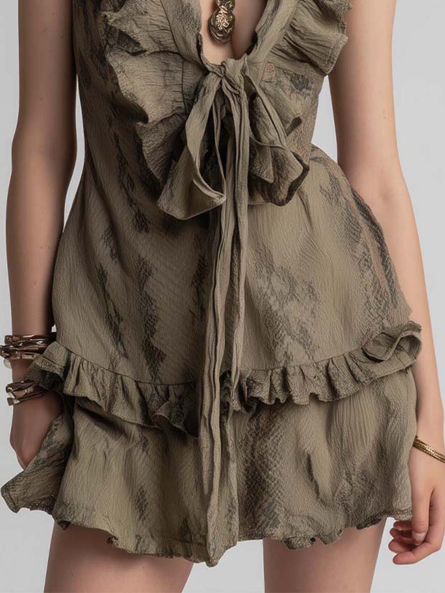 Cotton Snake-Print Ruffle Tie-Front Dress