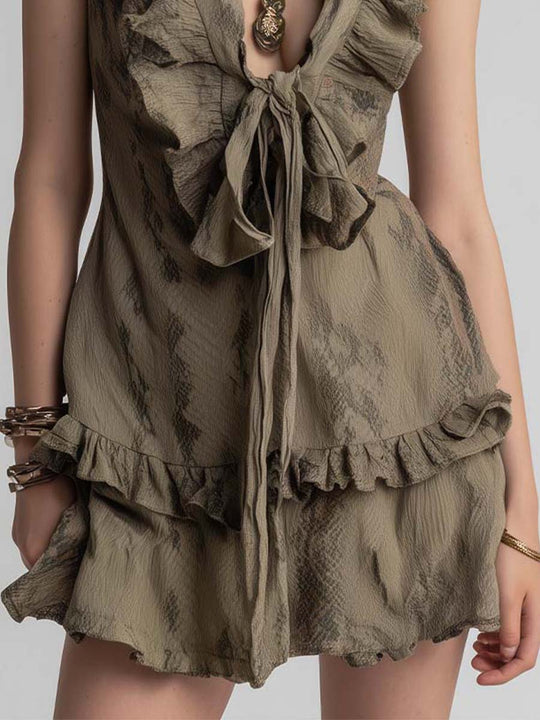 Cotton Snake-Print Ruffle Tie-Front Dress